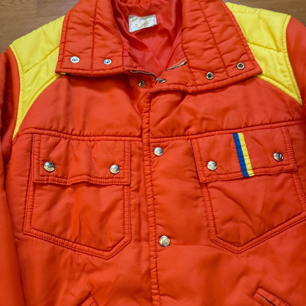 Vintage 1980's Roffe Orange Yellow Snap Puffer Retro Bright Ski Jacket Sz Medium - Picture 3 of 10